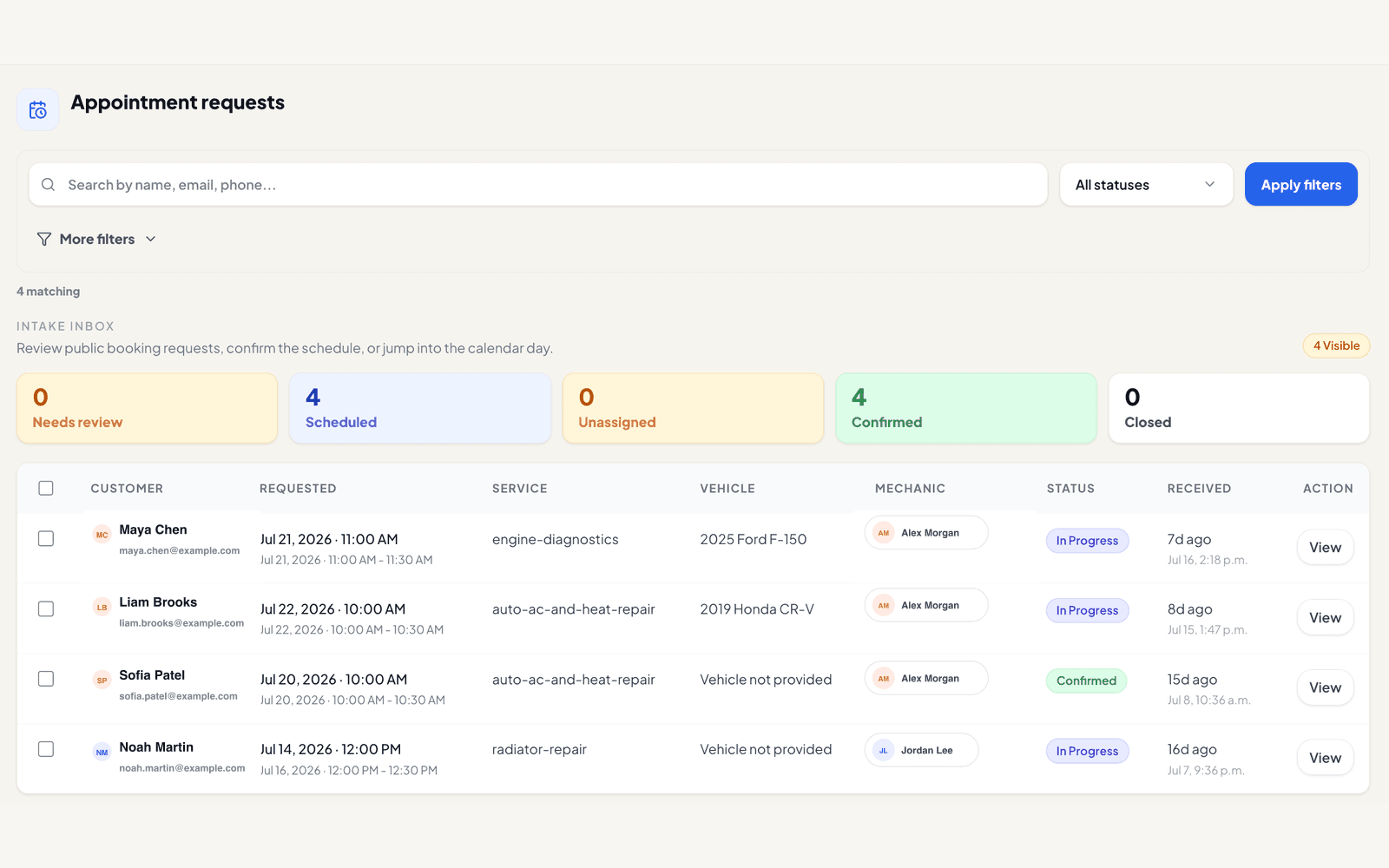 TrustedLocalAuto appointment request inbox with fictional customer and vehicle data
