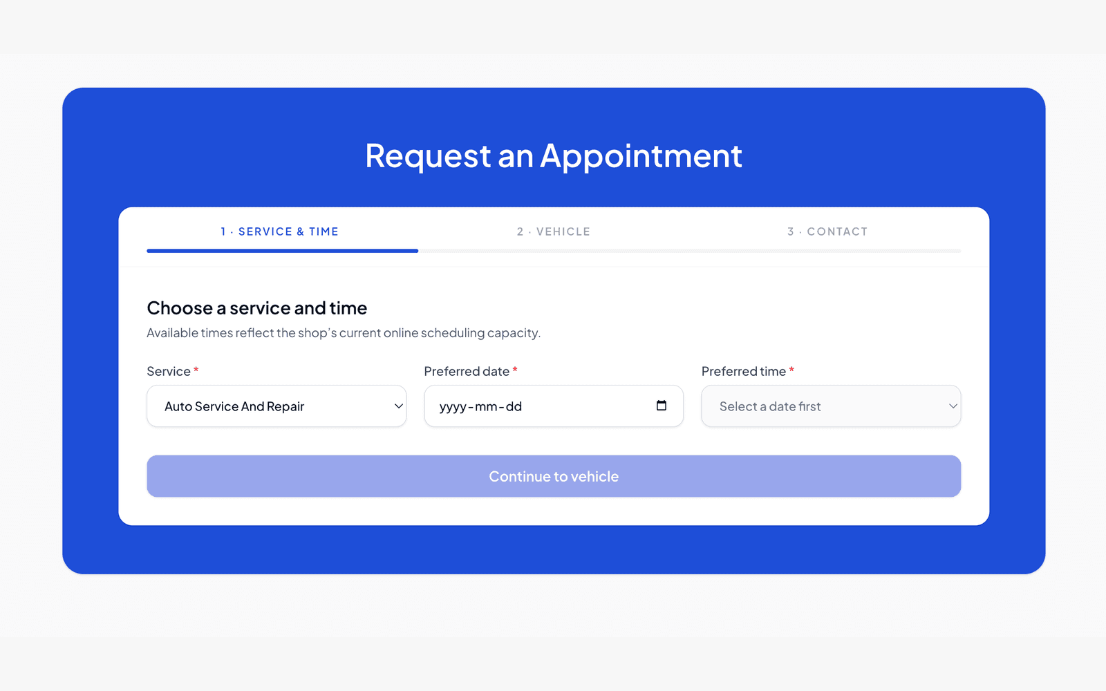 TrustedLocalAuto appointment request form showing service, preferred date, and preferred time fields