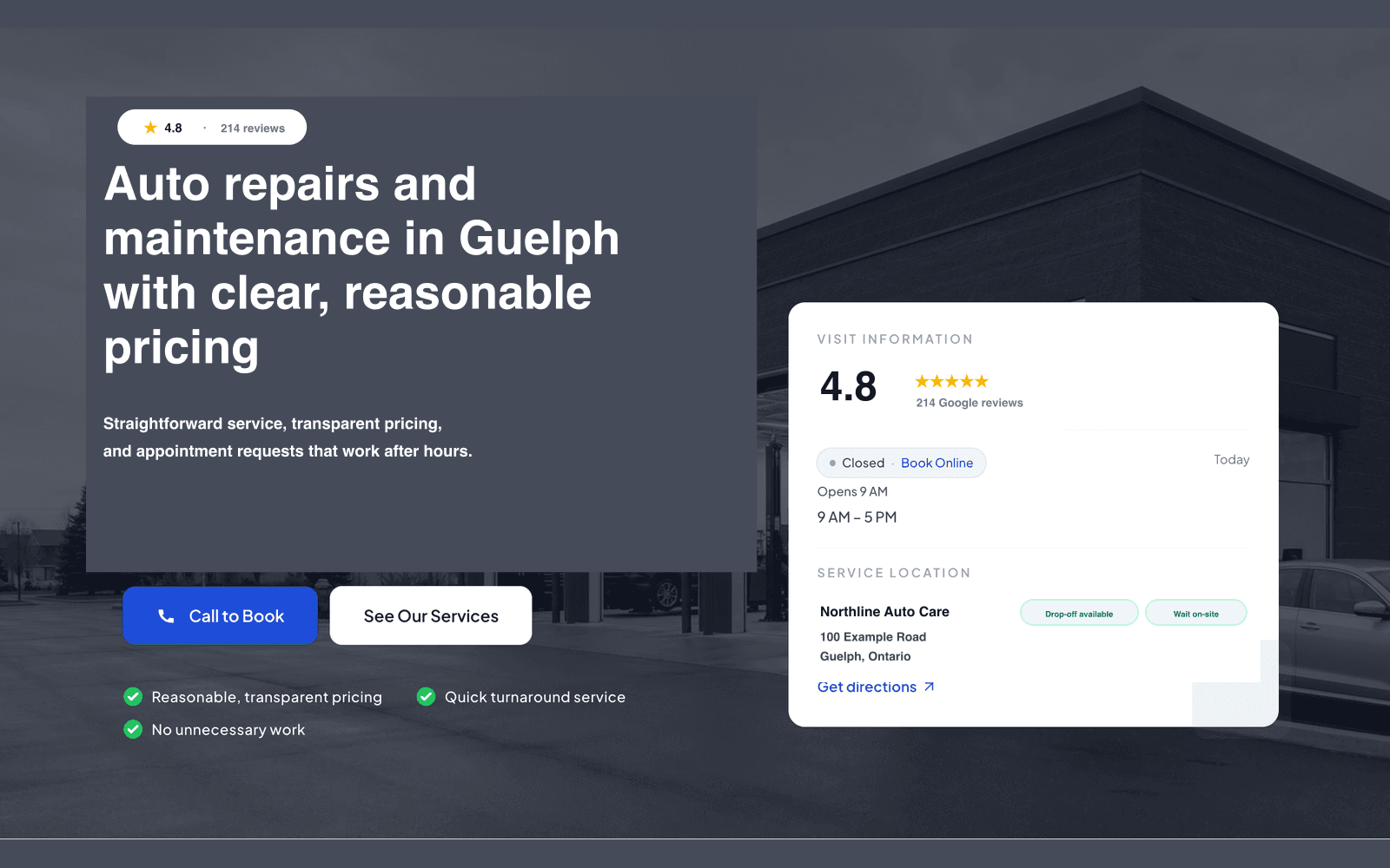 TrustedLocalAuto public profile for fictional Northline Auto Care with synthetic ratings, hours, and location details
