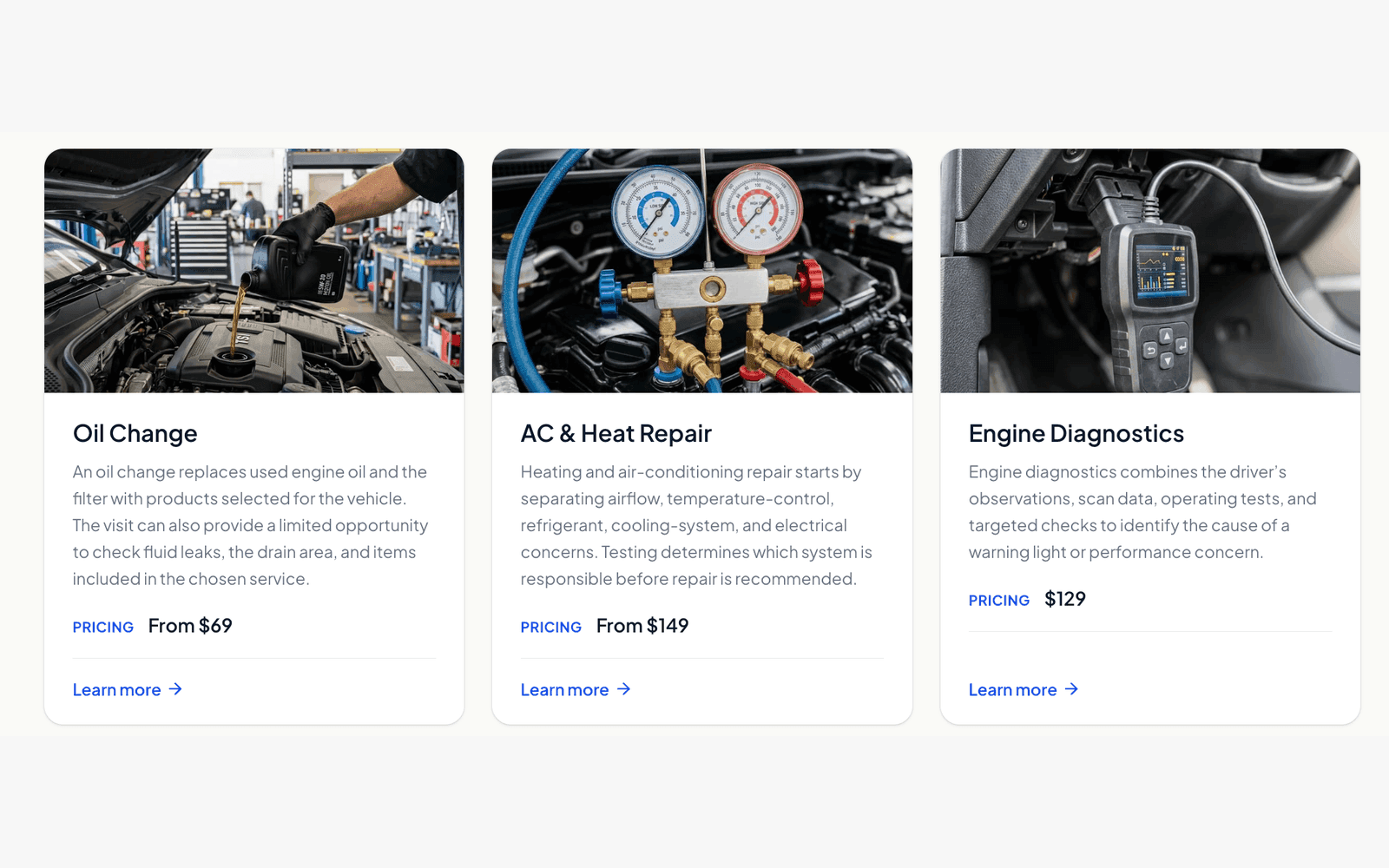 TrustedLocalAuto public profile showing three automotive service cards with example pricing