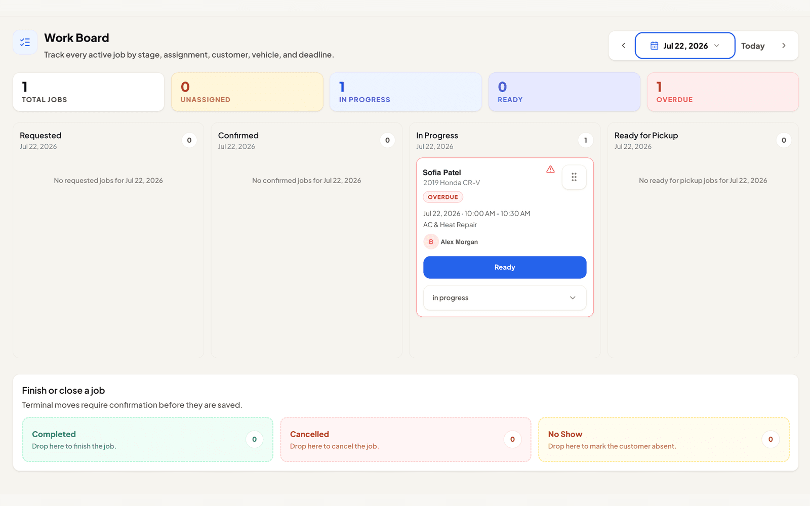 TrustedLocalAuto Work Board showing a fictional repair in progress