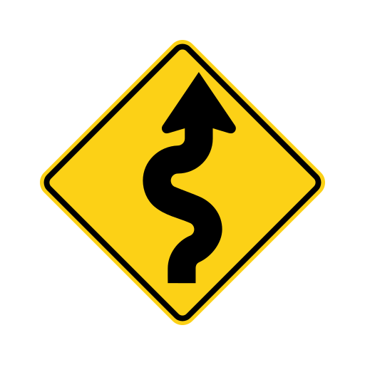 Yellow diamond sign with a black border and a black arrow that winds left and right as it points up.