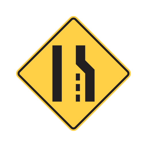 A yellow diamond sign with a solid black line on the left, a solid black line on the right that bends in toward it, and a dashed line between them that ends where the right line bends.