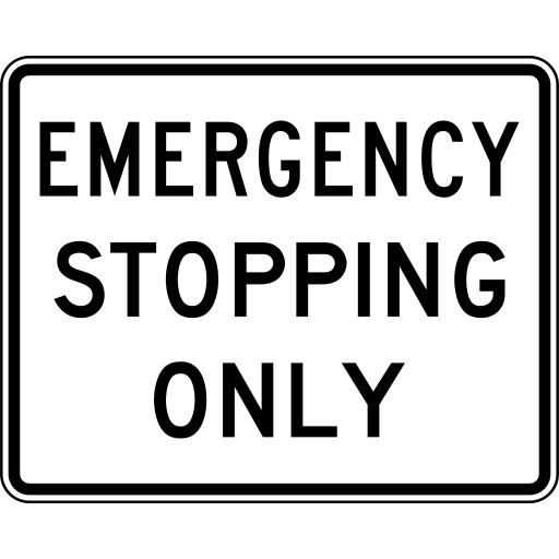 A white rectangular sign with a black border and the black words EMERGENCY STOPPING ONLY.