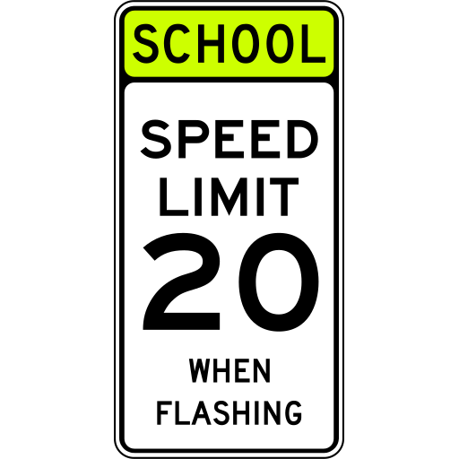 A tall white rectangle sign with a black border, a yellow-green top band with the word SCHOOL, and the black words SPEED LIMIT 20 WHEN FLASHING.
