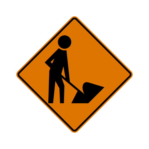 An orange diamond sign with a black person who digs into a pile with a shovel.