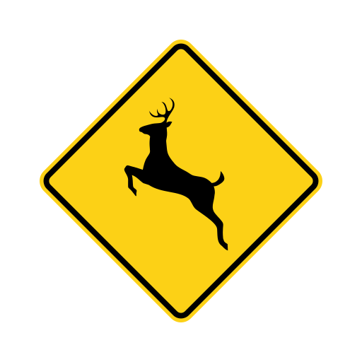 A yellow diamond sign with a black silhouette of a leaping deer.