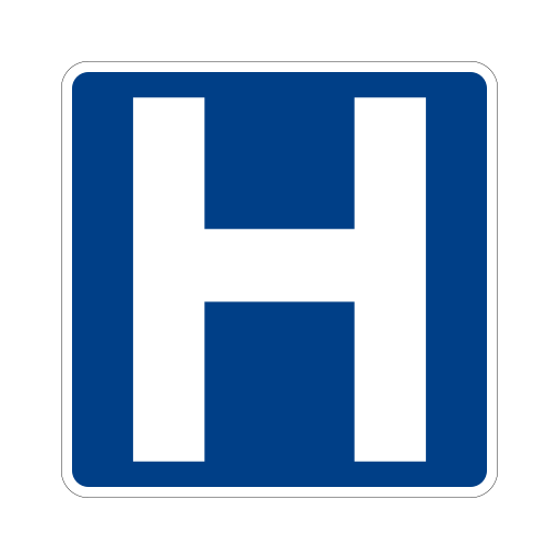 A blue square sign with a white border and a large white letter H.