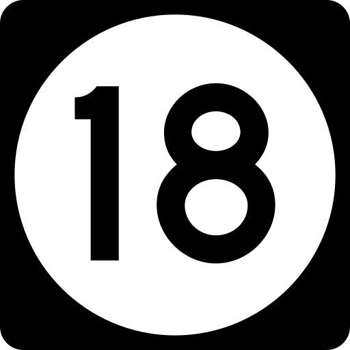 A black square sign with rounded corners and a large white circle that contains the black number 18.