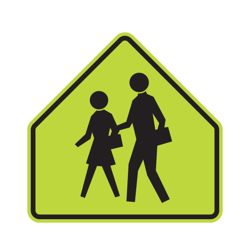 A five-sided fluorescent yellow-green sign with a black border and two black walking figures.