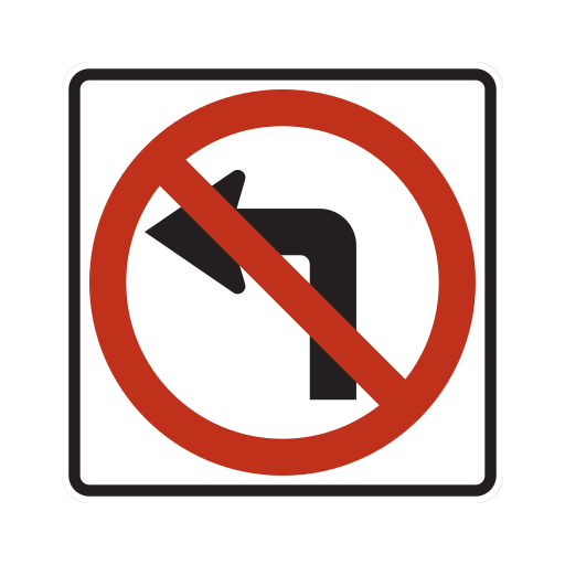 A white square sign with a black left-turn arrow under a red circle and a red diagonal slash.
