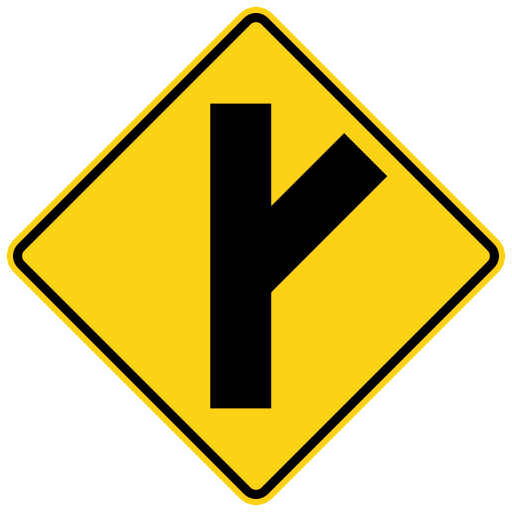 A yellow diamond sign with a black border, a thick black vertical bar, and a shorter black bar that meets it at a slant from the upper right.