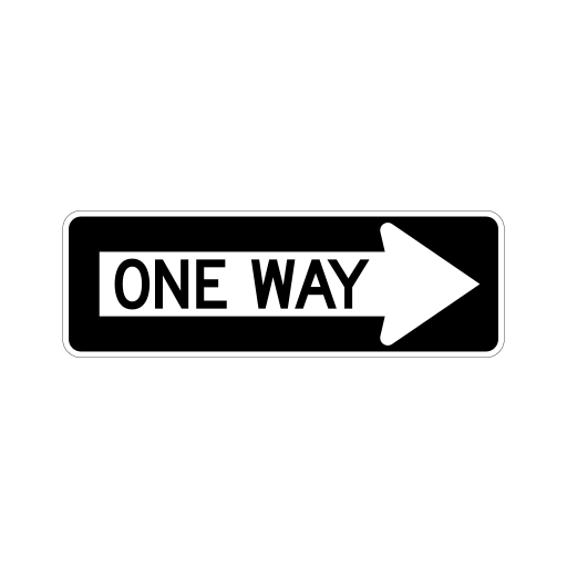 A black horizontal rectangle sign with a white arrow that points right and the black words ONE WAY inside the arrow.