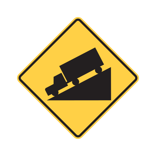 A yellow diamond sign with a black truck on a black downward slope.