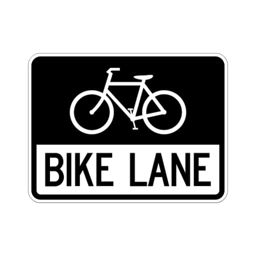 A white horizontal rectangle sign with a white bicycle on a black upper field and the black words BIKE LANE on the white lower part.