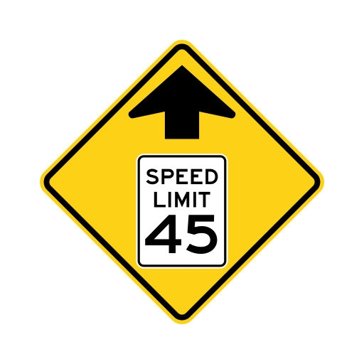 A yellow diamond sign with a black arrow that points up above the words SPEED LIMIT 45.