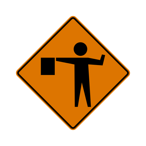 An orange diamond sign with a black figure of a person who holds a flag.