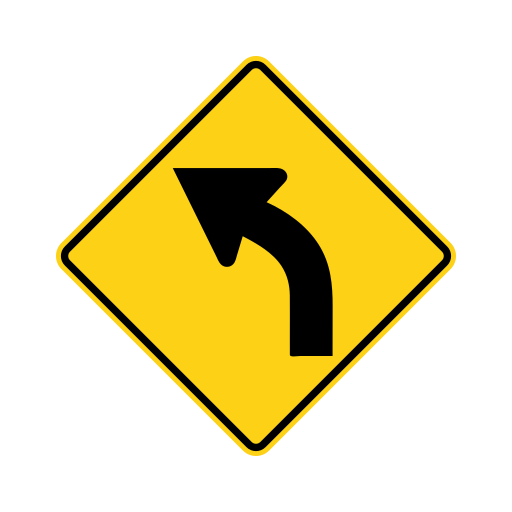 A yellow diamond sign with a black border and a black arrow that curves to the left.