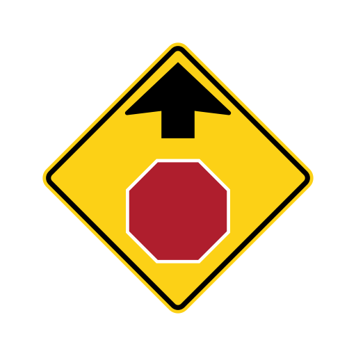 A yellow diamond sign with a black arrow that points up above a red octagon.