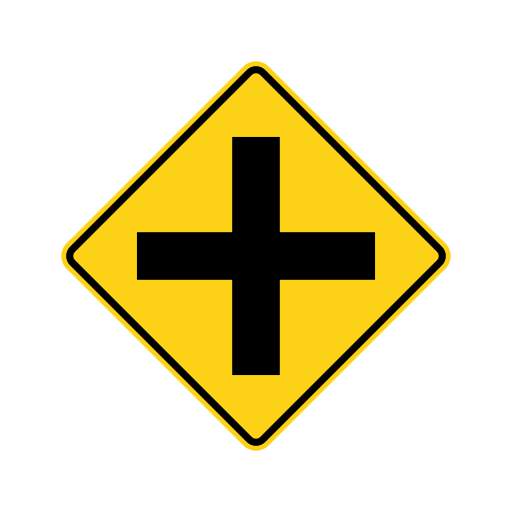 A yellow diamond sign with a black border and a black plus-shaped cross in its center.