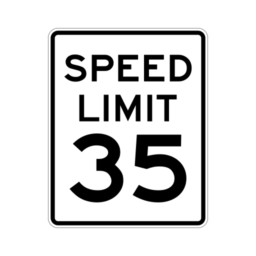 A white rectangular sign shows the black words SPEED LIMIT above the large black number 35.