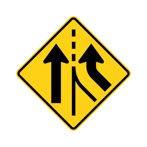 A yellow diamond sign with a straight black arrow that points up and a curved black arrow that comes in from the right and runs up beside it.