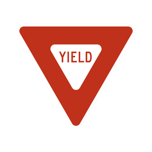 A white triangle that points down, with a wide red border and the word YIELD in red.
