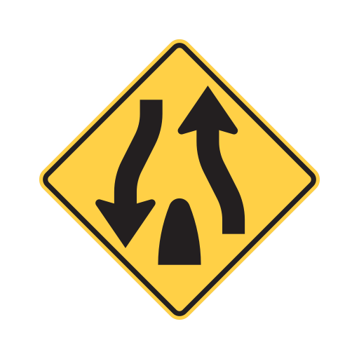Yellow diamond sign with a black border, a black arrow pointing down on the left, a black arrow pointing up on the right, and a rounded black shape between them at the bottom.
