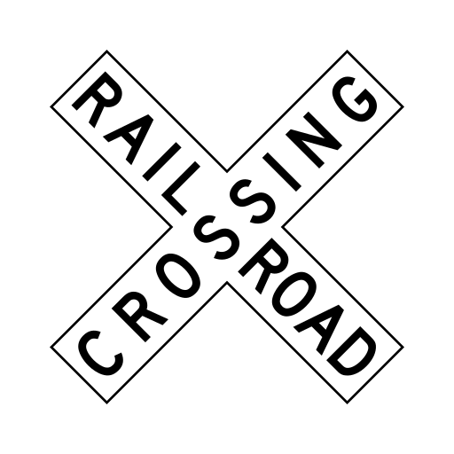 Two crossed white boards, one with the word RAILROAD and the other with the word CROSSING in black letters.