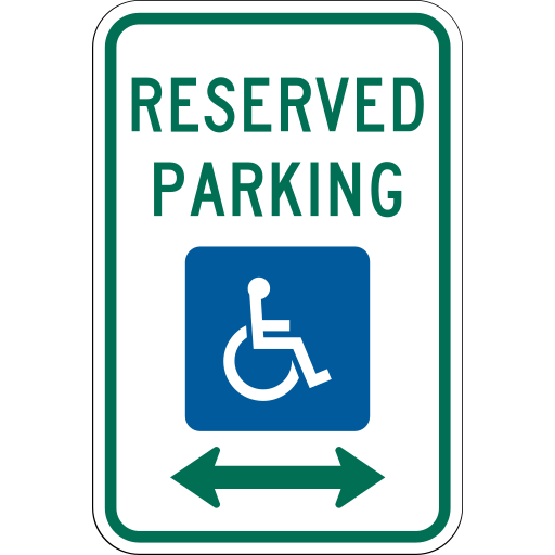 White rectangular sign with a green border, the green words RESERVED PARKING, a white wheelchair symbol on a blue square, and a green two-headed arrow.
