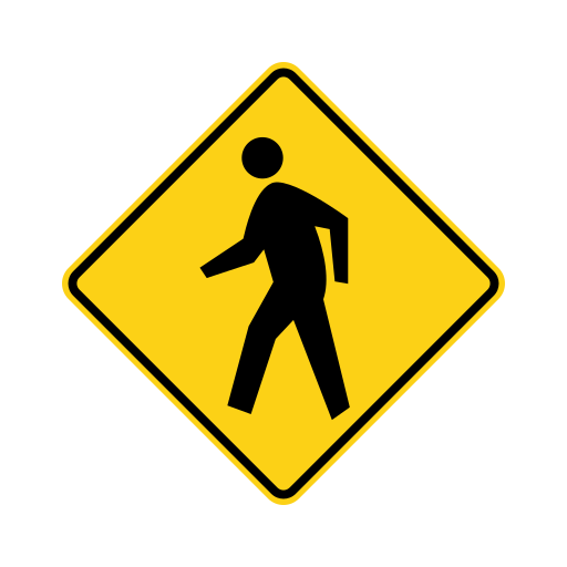 Yellow diamond sign with a black border and a black figure of a person walking.