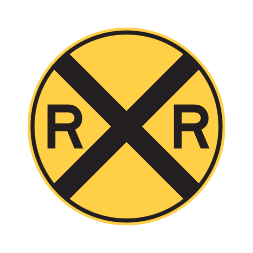 A round yellow sign with a large black X and a black letter R on each side of it.