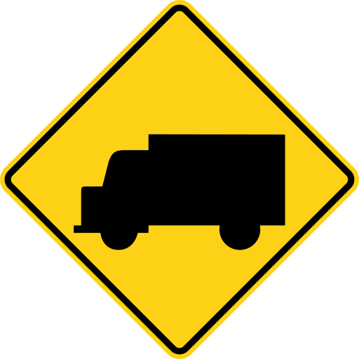 A yellow diamond sign with a black truck seen from the side.