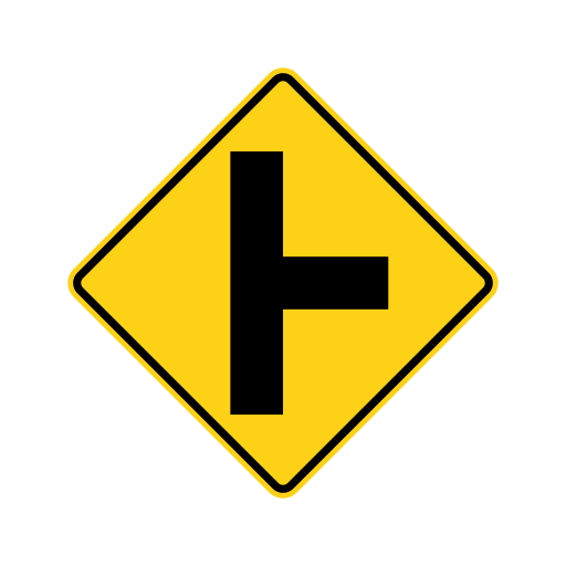 A yellow diamond sign shows a black vertical line with a shorter black line that joins it on the right side.