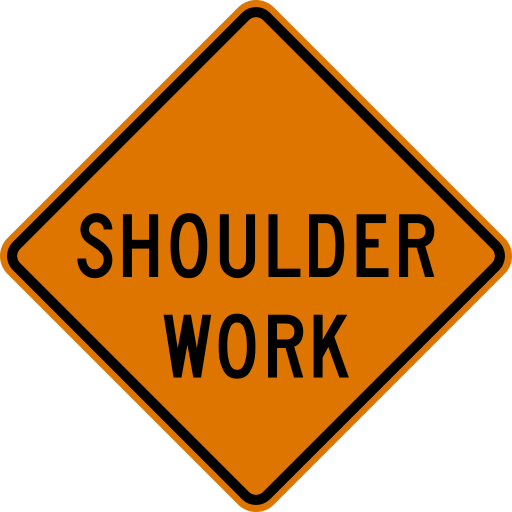 An orange diamond sign with a black border and the black words SHOULDER WORK on two lines.