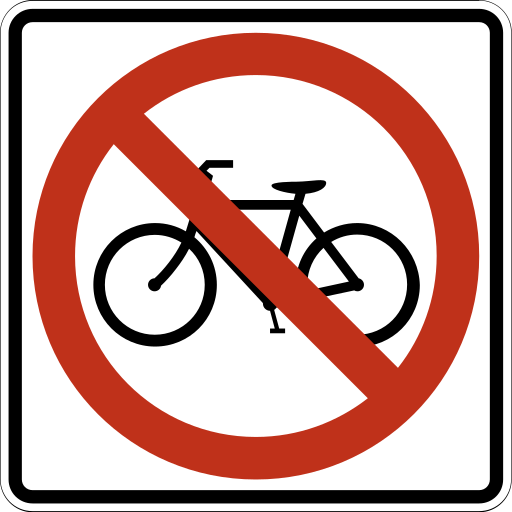 A white square sign with a black border and a black bicycle that is crossed by a red circle and a red diagonal slash.