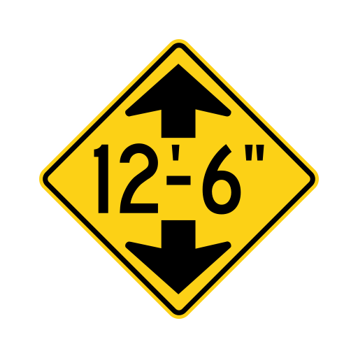 A yellow diamond sign with a black border shows 12'-6" in black, with an arrow pointing up above it and an arrow pointing down below it.