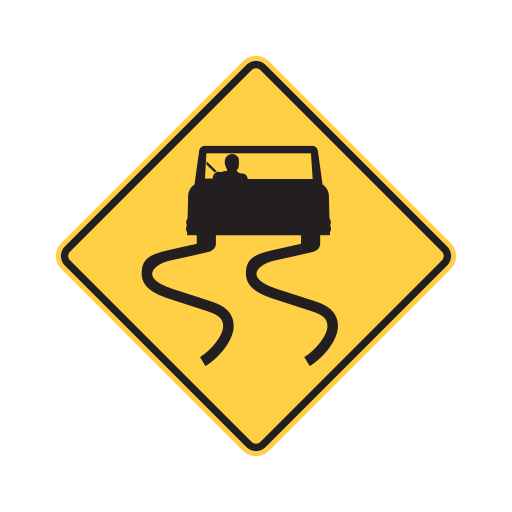 Yellow diamond sign with a black border and a black car above two wavy skid lines.