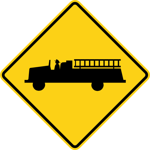 A yellow diamond sign with a black border and a black fire truck that has a ladder on top.