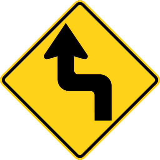 Yellow diamond sign with a black border and a black arrow with two square corners that goes up, turns left, then turns up again to the arrowhead.