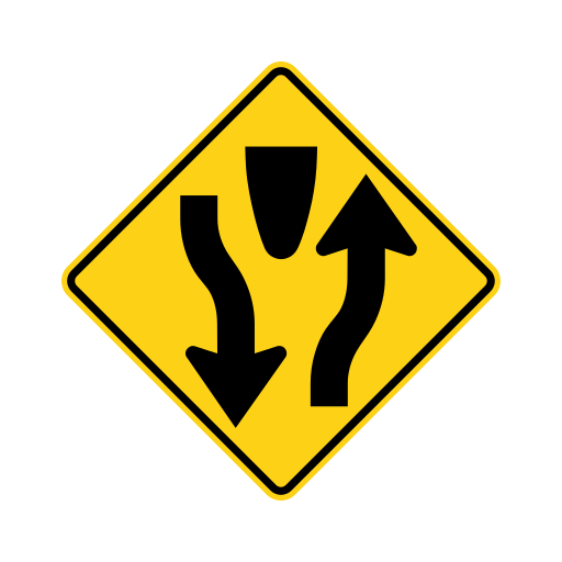 A yellow diamond sign shows two black arrows that point in opposite directions, with a narrow island shape between them near the top.