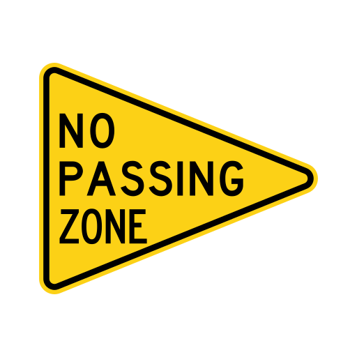 A yellow pennant-shaped sign that points to the right, with a black border and the black words NO PASSING ZONE.