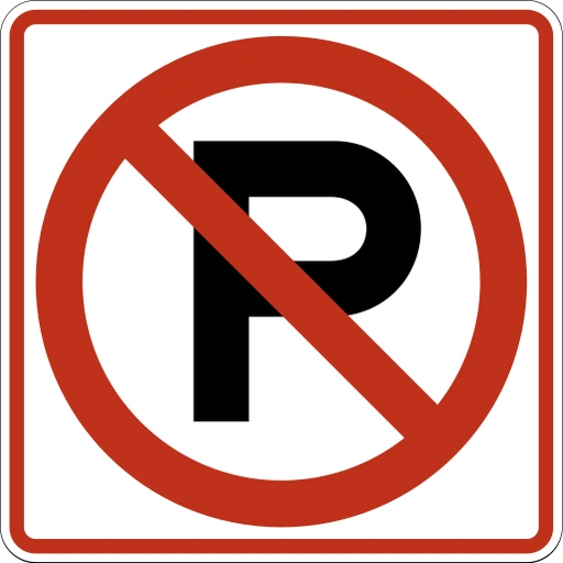 A white square sign with a black letter P under a red circle and a red diagonal slash.