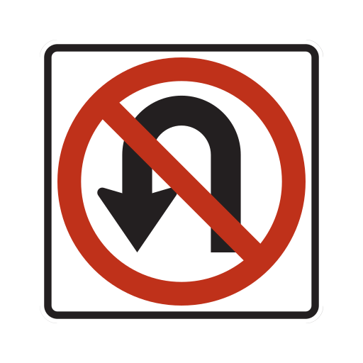 A white square sign with a black U-shaped arrow that is crossed by a red circle and a red diagonal slash.