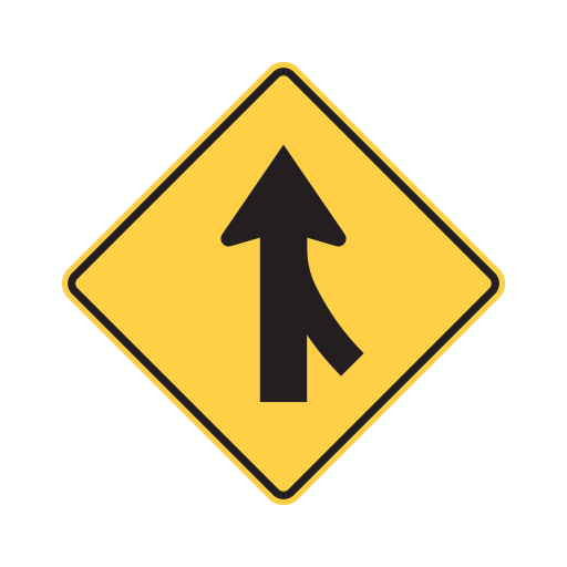 A yellow diamond sign with a black arrow pointing straight up and a black curved line that joins it from the lower right.