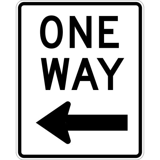 A white vertical rectangle sign with the black words ONE WAY on two lines above a black arrow that points left.