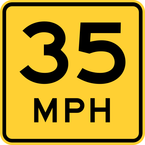 A yellow square plaque with the black number 35 above the black letters MPH.