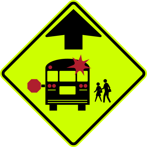 A yellow-green diamond sign with a black arrow that points up above a black school bus with a red stop arm and red lights, and two children beside the bus.