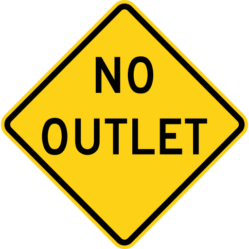 A yellow diamond sign with a black border and the black words NO OUTLET.