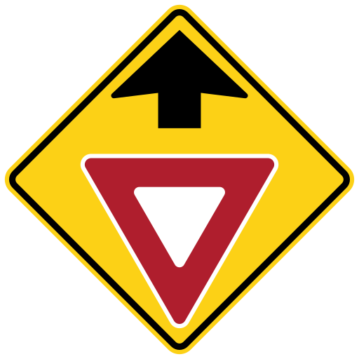 A yellow diamond sign with a black arrow that points up above a red and white triangle that points down.